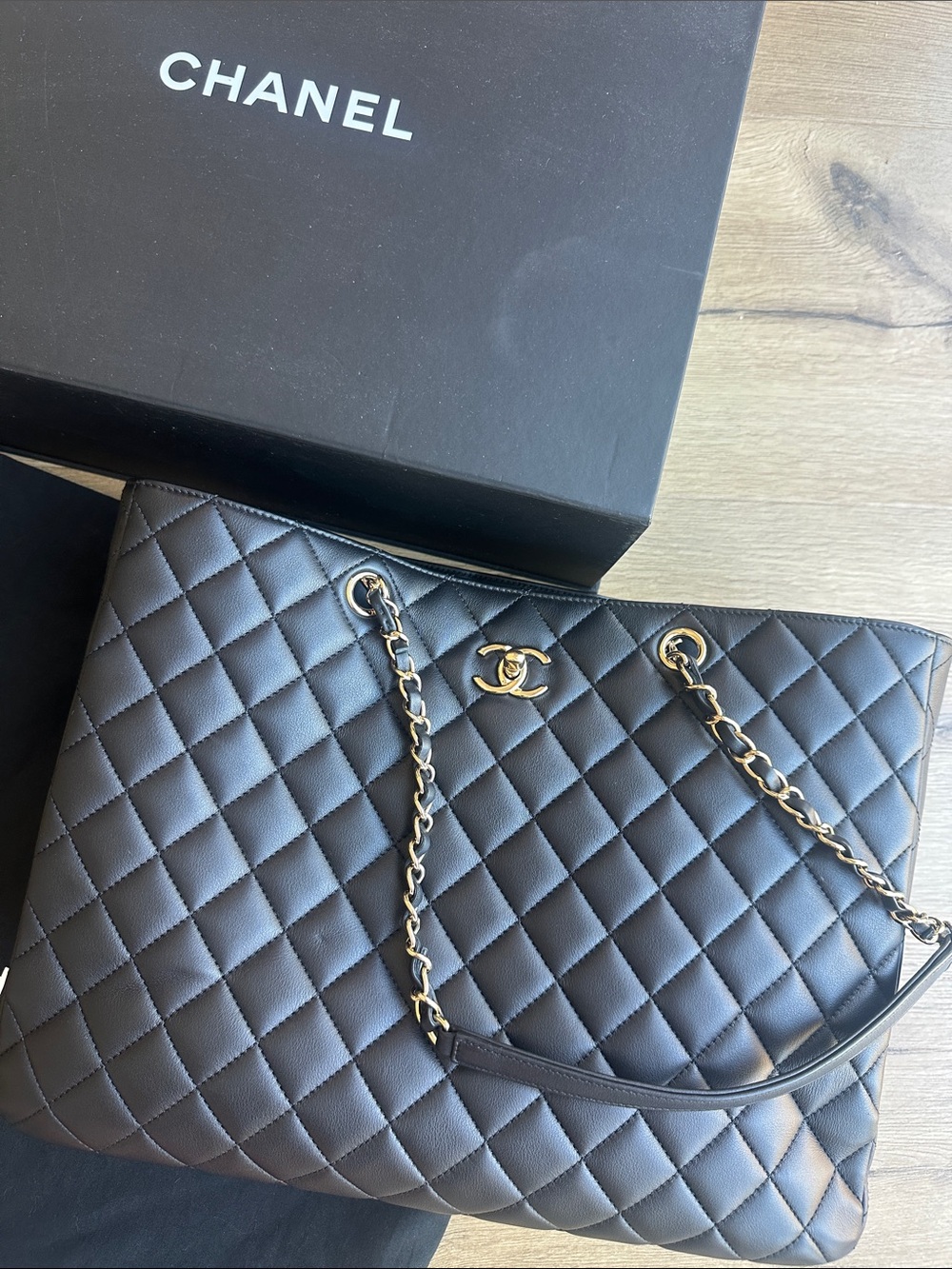 CHANEL Black Quilted Lambskin Tote with Gold Chain Hardware